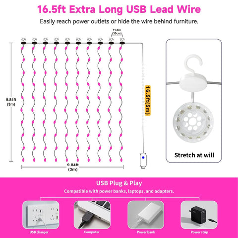 Diagram showing Untangled Curtain Lights 300LED USB Fairy String Lights with 16.5ft lead wire for easy setup on windows or walls.