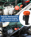 Volvo Big Rig Oil Filler Cap For 9700 VHD VNL VNM Trucks 2007 To 2015 Replacement Part with OEM Numbers shown in engine.