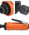 Heavy Duty Pneumatic Air Die Grinder With Straight Shaft And 20000 RPM, features an orange and black design with multiple attachment points.