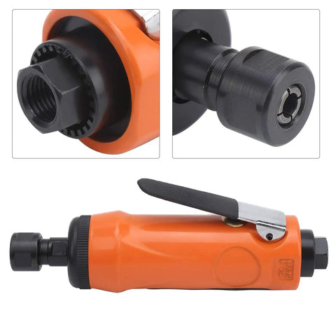 Heavy Duty Pneumatic Air Die Grinder With Straight Shaft And 20000 RPM, features an orange and black design with multiple attachment points.