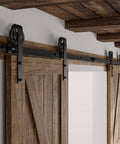 Sliding Barn Door Hardware Kit For Closet Cabinet Track System Beefy Carbon Steel 6 Foot Rail with 4.33 Inch Hanger Wheels installed