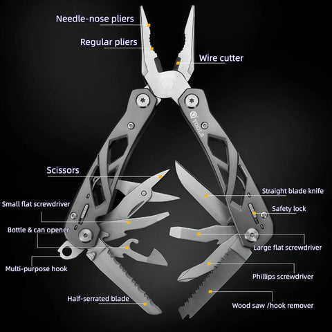 Everyday Carry 15 In 1 EDC Multitool Pliers With Spring Assisted Pliers And Safety Lock Hollow Skeleton Design with labeled tools.
