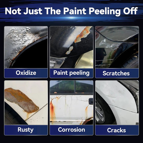 Image showing car paint damage including oxidation, peeling, scratches, rust, corrosion, and cracks on different panels.
