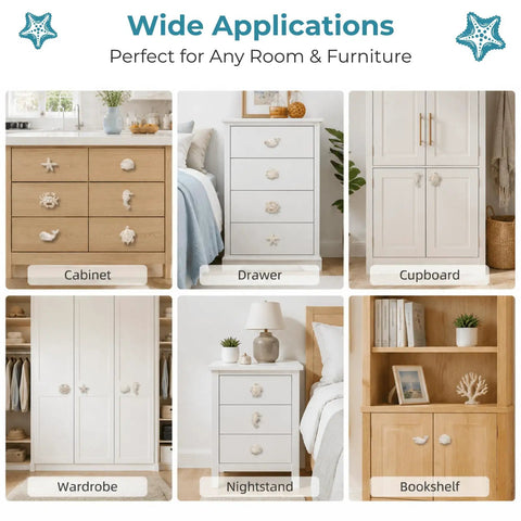 Six Ocean Themed Cabinet Knobs Set With Cast Iron Drawer Pulls For Dresser And Cupboard Includes Screws Coastal Decor With A Beachy Vibe Featuring Turtle Whale Seahorse Starfish Crab And Scallop Details Durable And Easy To Install. Ocean-themed cast iron knobs on cabinet, drawer, wardrobe, and bookshelf