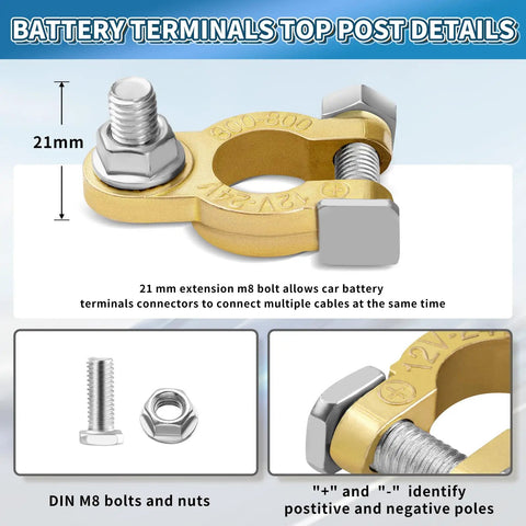Two Pair Battery Terminal Connectors With M8 Bolts 21mm Long, Pure Copper Cable Ends With Anti Corrosion Pad, Heavy Duty Car Truck Boat RV Marine Battery Clamps For Automotive Electrical