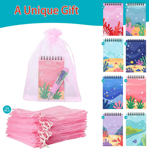 Bulk Stationery Gift Set with 24 Four In One Retractable Pens Multi Color Inks 24 Mini Notebooks and Organza Bags