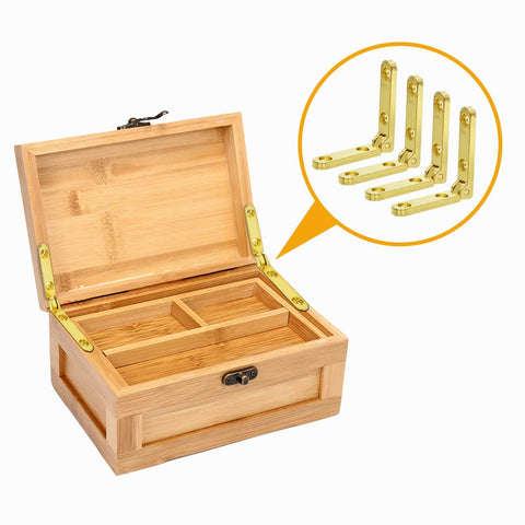 Wooden jewelry box with Gold 12 Pack Mini Jewelry Box Hinges 90 Degree Zinc Alloy With Screws, 1.18 Inch installed