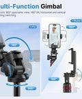 Extendable Phone Tripod With 2 In 1 Phone Clip And 360 Degree Ball Head Aluminum Selfie Stick Stand Reaches Up To 82 Inches Cold Shoe Mount For Cameras Or Phones Lightweight Travel Ready showing 360° ball head and phone clip with tilt angles