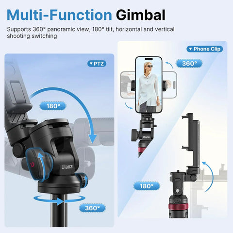 Extendable Phone Tripod With 2 In 1 Phone Clip And 360 Degree Ball Head Aluminum Selfie Stick Stand Reaches Up To 82 Inches Cold Shoe Mount For Cameras Or Phones Lightweight Travel Ready showing 360° ball head and phone clip with tilt angles
