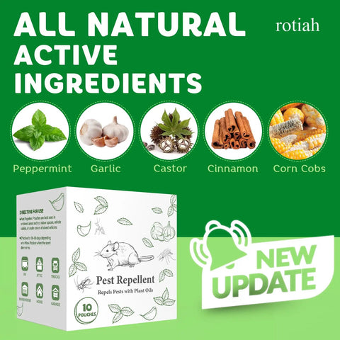 Natural Peppermint Oil Rodent Repellent Pouches Pet Safe Pest Control For Mice Rats Roaches Spiders Indoor Outdoor Humane Deterrent 10 Pack packaging with plant ingredients.