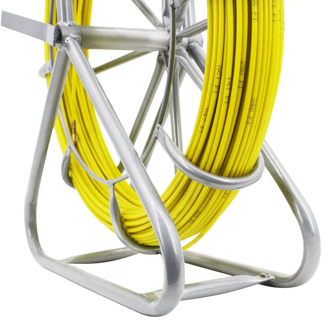 Fiberglass Duct Rod Fish Tape Puller Kit with 6mm diameter and 450 feet on a beefy steel reel stand for easy electrical wiring