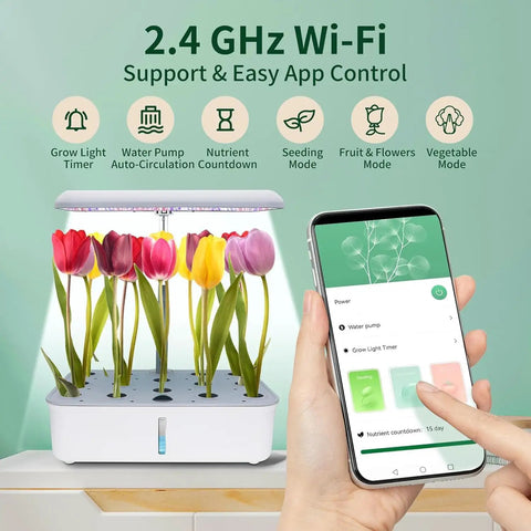 Indoor Hydroponics Garden System With LED Grow Light And 14 Pods, showing app control on smartphone, soil free growth