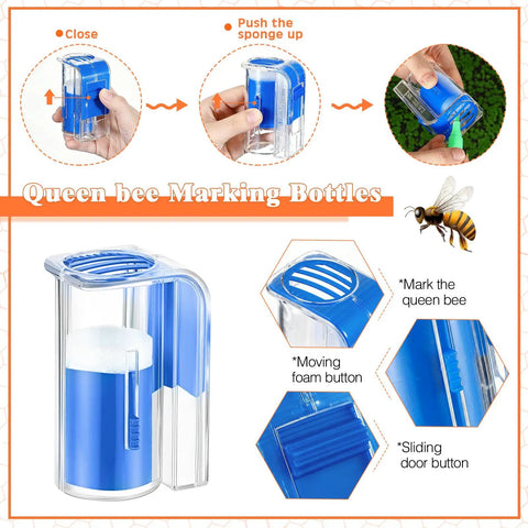 Beekeeping Starter Kit 11 Piece Queen Bee Marking Set with blue plastic marking bottle and sliding door button.