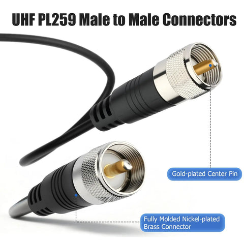 RG8X Coaxial Cable 50ft Low Loss CB Antenna Cable with UHF PL259 Male to Male Connectors showing gold-plated center pin
