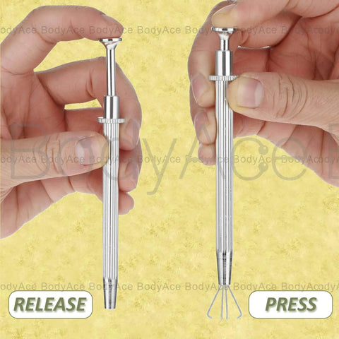 Piercing Taper Ball Grabber Tool Set 14G 16G 18G 20G Stainless Steel for Easy Jewelry Change with insertion pins shown in hand use