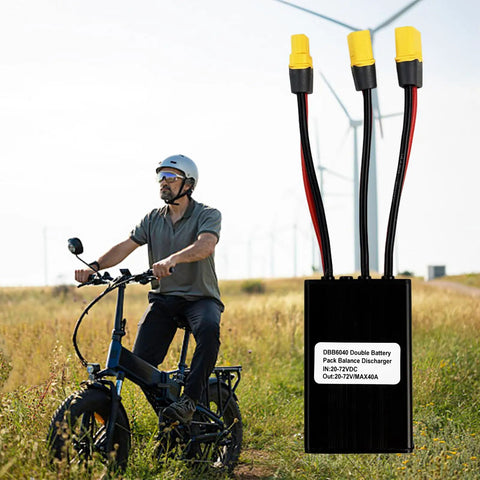 Hella Reliable Dual Battery Connector 20V To 72V 40A Parallel Adapter For Electric Scooters with discharge output, mounted on e-bike.