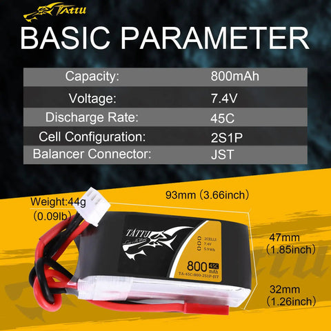 800mAh 7.4V 45C 2S1P LiPo Battery Pack with JST SYP Plug for drone, showing specifications and connectors