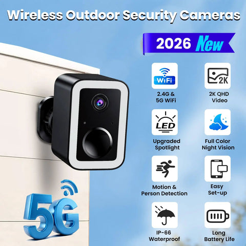 Two Pack Wireless Outdoor Security Cameras With True Color Night Vision AI Motion Detection And Spotlight Siren Alarm Battery Powered Two Way Audio Weatherproof Home Surveillance System mounted on wall