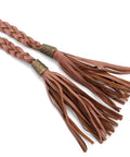 Braided Tassel Rope Belt For Women In PU Leather, Adjustable Tie Belt In Black And Brown, Long Elastic Belt With Tassels, Chic Everyday Accessory For Dresses, Jeans, And Coats. Brown braided PU leather belt with tassels