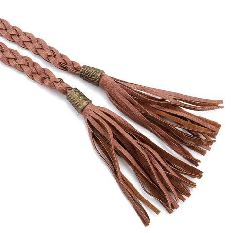 Braided Tassel Rope Belt For Women In PU Leather, Adjustable Tie Belt In Black And Brown, Long Elastic Belt With Tassels, Chic Everyday Accessory For Dresses, Jeans, And Coats. Brown braided PU leather belt with tassels
