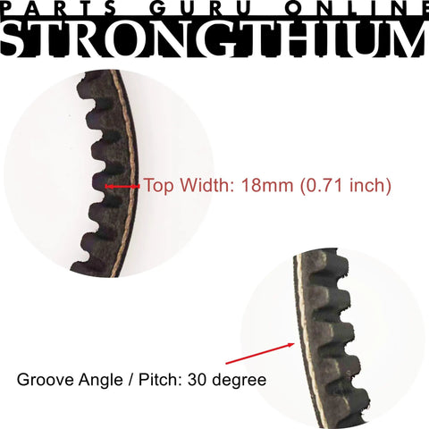 Close-up of Three Pack 669-18-30 CVT Drive Belt For GY6 139QMB showing 18mm width and 30-degree groove angle