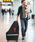 MCBD car seat travel bag for airplane with wheels, black padded carrier with red handles and reflective stripe