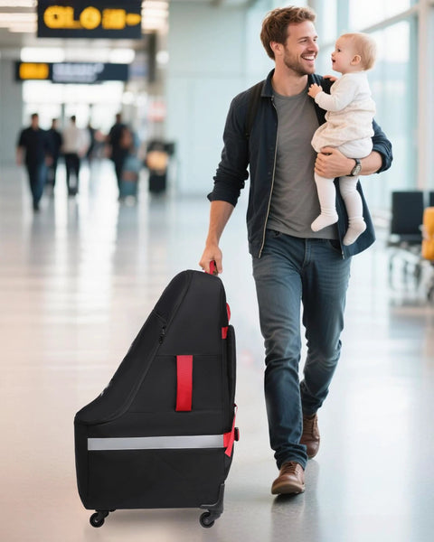 MCBD car seat travel bag for airplane with wheels, black padded carrier with red handles and reflective stripe
