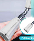 Close-up of spray head from High Arc Pull-Down Kitchen Faucet With Single Lever Handle In Polished Chrome, Easy No-Fuss Operation