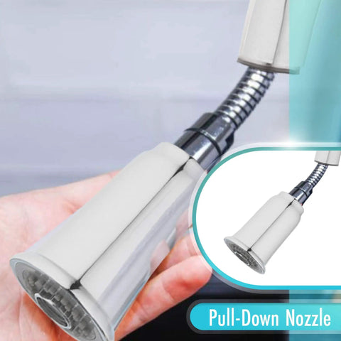 Close-up of spray head from High Arc Pull-Down Kitchen Faucet With Single Lever Handle In Polished Chrome, Easy No-Fuss Operation