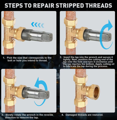 Steps showing use of Six Piece NPT Pipe Tap Set Including One Inch Three Quarters Inch One Half Inch for thread repair.