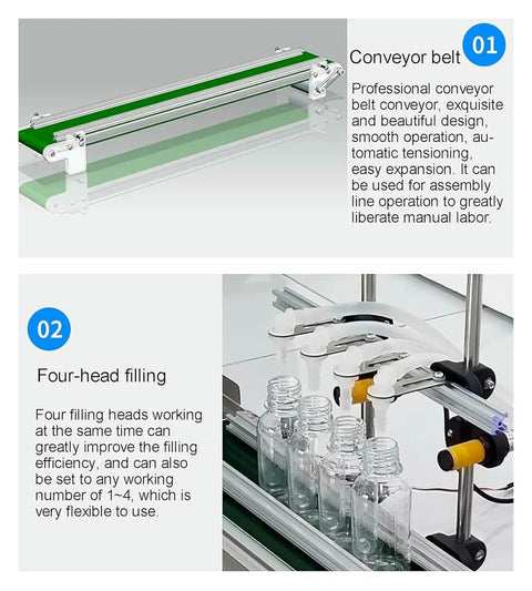 Pro Grade Automatic Liquid And Honey Filling Machine With Four Headed Conveyor Belt showing conveyor belt and four filling heads for efficient bottling.