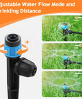 Adjustable 50 Pack 1/4 Inch Drip Emitters With 5 Inch Stakes in action showing 360 Degree Water Flow for Garden Irrigation