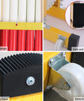 Close-up of the Expandable Retractable Traffic Fence Heavy Duty Safety Barrier showing snap design, rubber base, and locking wheels.
