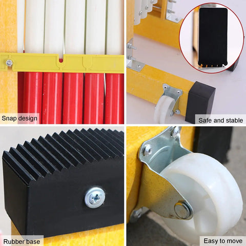 Close-up of the Expandable Retractable Traffic Fence Heavy Duty Safety Barrier showing snap design, rubber base, and locking wheels.
