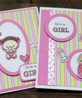 Handmade baby girl card featuring silicone stamp and die set for card making and scrapbooking with "It's a Girl" message.