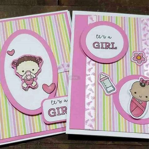 Handmade baby girl card featuring silicone stamp and die set for card making and scrapbooking with "It's a Girl" message.
