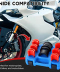 Universal Motorcycle Fork Seal Driver Kit With Six Adapter Sizes 35mm 36mm 40mm 41mm 42mm 43mm 45mm 46mm 47mm 48mm 49mm 50mm shown with motorcycle