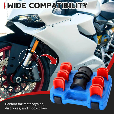 Universal Motorcycle Fork Seal Driver Kit With Six Adapter Sizes 35mm 36mm 40mm 41mm 42mm 43mm 45mm 46mm 47mm 48mm 49mm 50mm shown with motorcycle