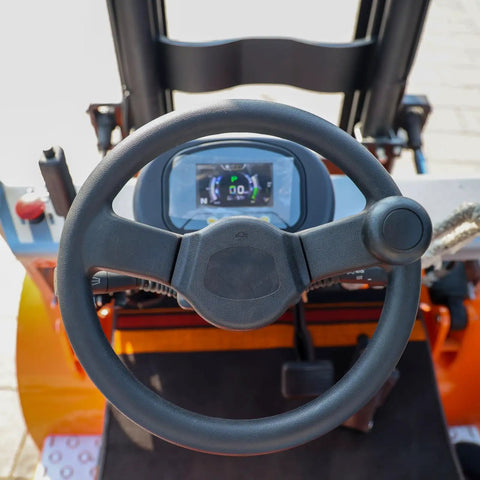 Electric Pallet Stacker Heavy Duty Forklift 1 To 3 Ton Capacity Compact Design dashboard and steering wheel view.