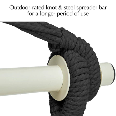 Close-up of hammock chair's outdoor-rated knot and steel spreader bar for durability in Night Gray polycotton blend.