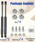 Package contents of 20 Inch Gas Prop Spring Strut Set 2 Pack 100 Lb Each For RV Lids And Hatches including nuts and ball studs.