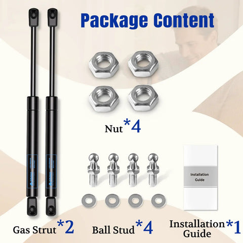 Package contents of 20 Inch Gas Prop Spring Strut Set 2 Pack 100 Lb Each For RV Lids And Hatches including nuts and ball studs.