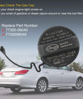Gas Cap Replacement 77300-06040 Fits Toyota Scion And Lexus Vehicles, showing cap details and installation on car background.