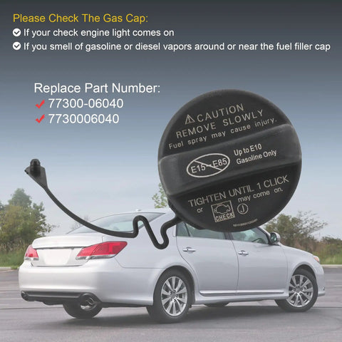 Gas Cap Replacement 77300-06040 Fits Toyota Scion And Lexus Vehicles, showing cap details and installation on car background.