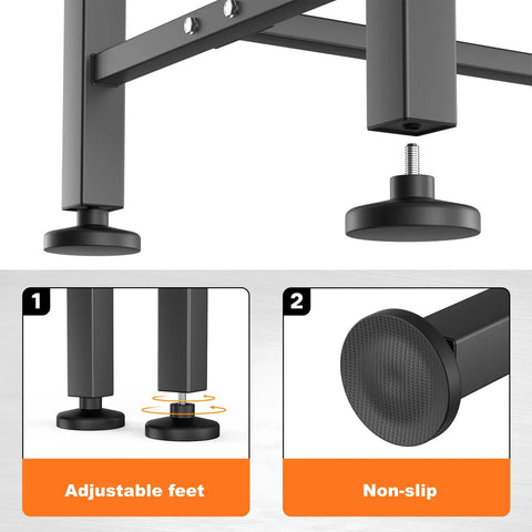 Close-up of adjustable feet and non-slip base on Adjustable Workbench With Rubberwood Top For Home Garage Heavy Duty Work Table Height Adjustable from 29 to 41 Inches Supports Up to 2000 Lbs Rock Solid Stability With Reinforced Crossbars.