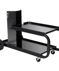 Compact Running Gear and Cylinder Rack in Black With Under Machine Cable Tray Assembly Required Fits Gas Cylinders Up To 7 Inches Ideal for Welders and Shop Setups. Image showing side view of black steel rack with wheels and tray.