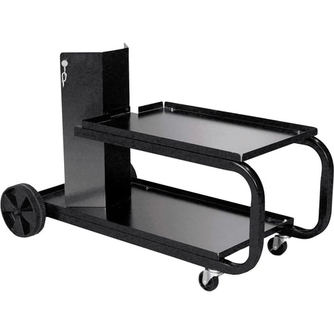 Compact Running Gear and Cylinder Rack in Black With Under Machine Cable Tray Assembly Required Fits Gas Cylinders Up To 7 Inches Ideal for Welders and Shop Setups. Image showing side view of black steel rack with wheels and tray.