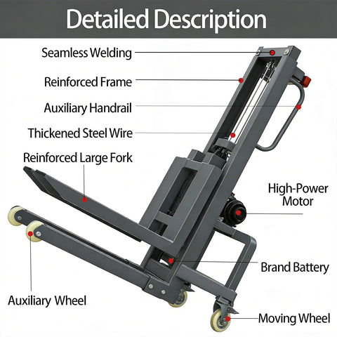Heavy Duty Electric Pallet Stacker With Wireless Remote Control 661 Lb Capacity 4 Foot Lift Height and Adjustable Forks, close-up of welded frame.