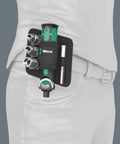 Zyklop Pocket Ratchet Set 2, 18 Piece Go-To Compact Tool Kit with holster, attached to belt, showing socket and bit holders.