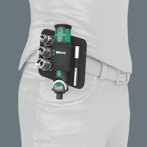 Zyklop Pocket Ratchet Set 2, 18 Piece Go-To Compact Tool Kit with holster, attached to belt, showing socket and bit holders.